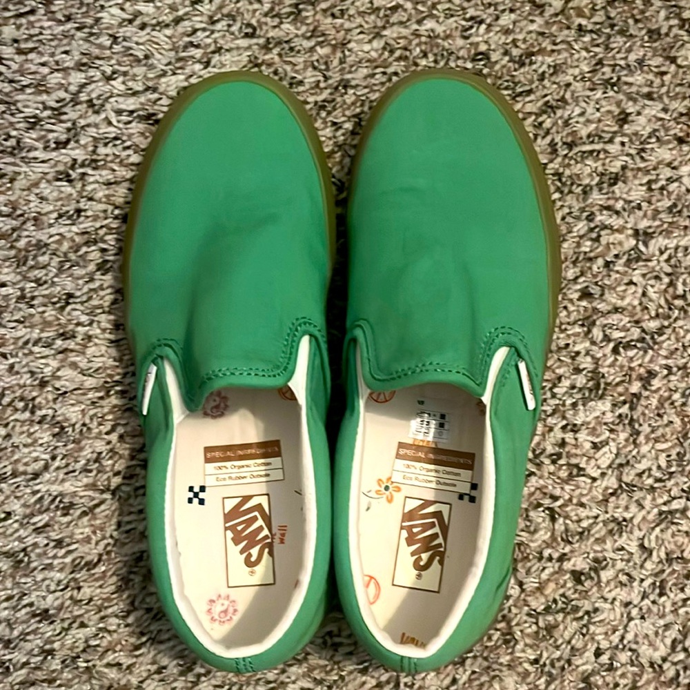 Vans Classic Slip-O Eco Theory In Our Hands Womens Sz 8 Green Gum Slip On Shoes